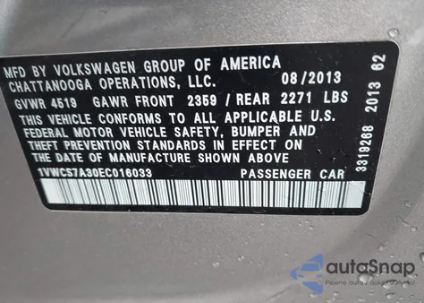 2014 Volkswagen Passat 1.8T Sel Premium z USA, uszkodzony, nr VIN 1VWCS7A30EC016033